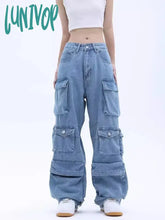 Lunivop Women’s Many Pocket Designs High Waisted Retro Pants Casual Blue Jeans Vintage American